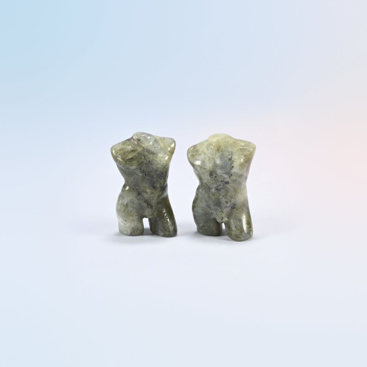 Two natural gray labradorite male goddess torso carvings, 1.3 inch