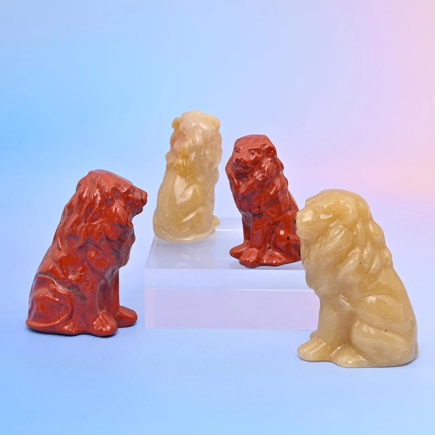 Lion Crystal Carving Figurines, a seated lion hand carved from solid stone across 12 gemstone options.