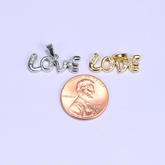 Cursive Love script charm with zircon pave accents