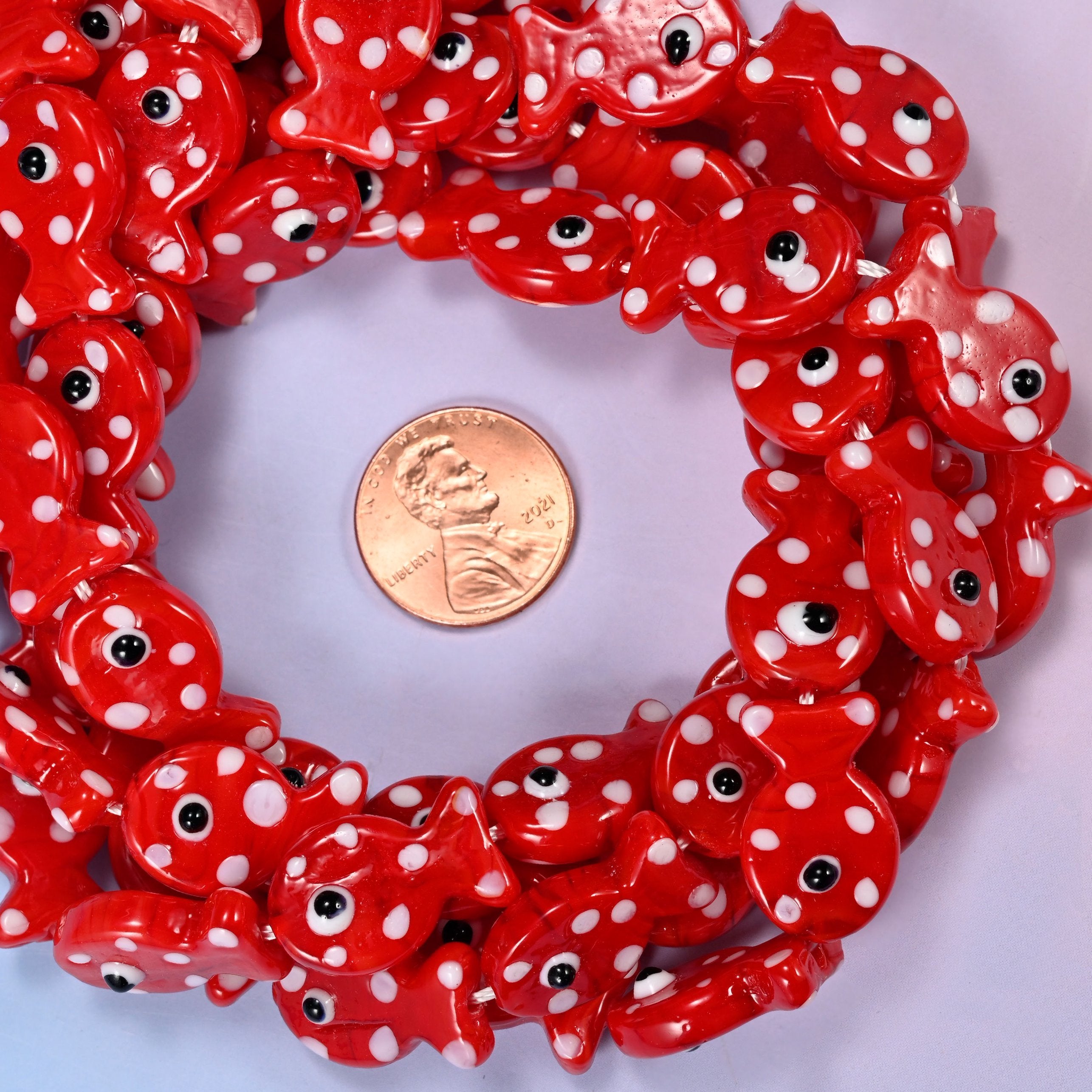Red with White Dot Fish Glass Beads, tomato-red opaque glass fish covered in bold white spots