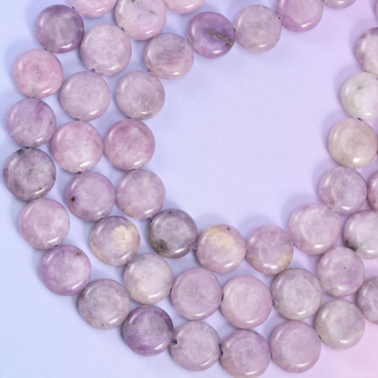 Lepidolite coin beads, approximately 26 beads per strand