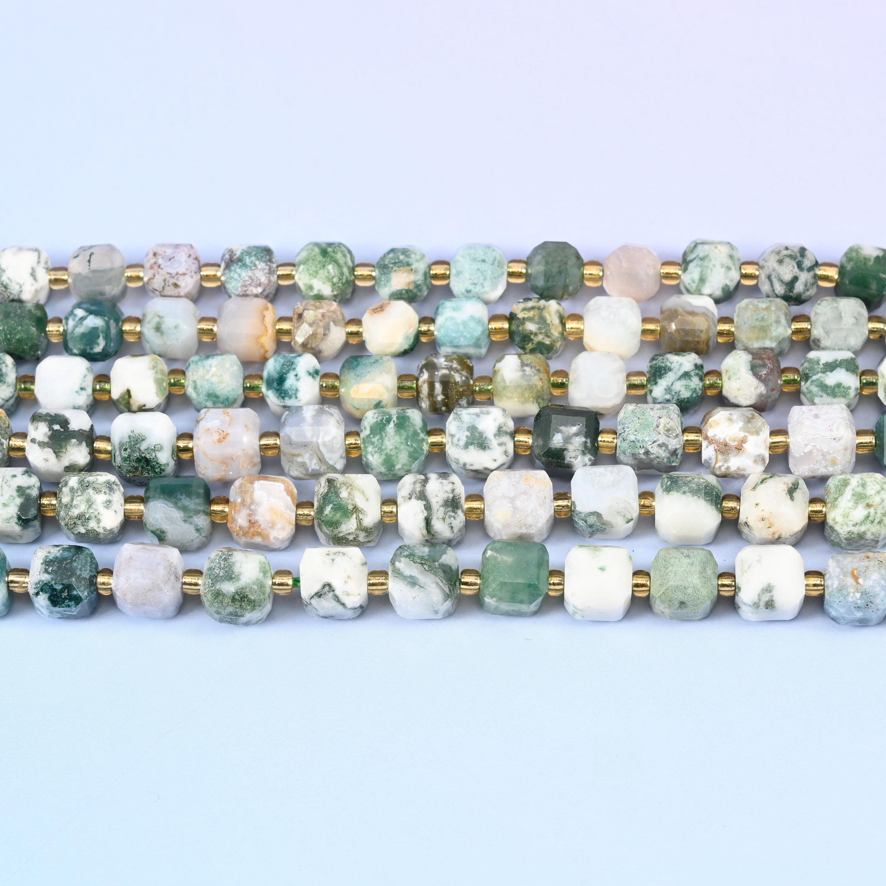 Tree Agate Faceted Cube Beads in milky white with green dendritic branching
