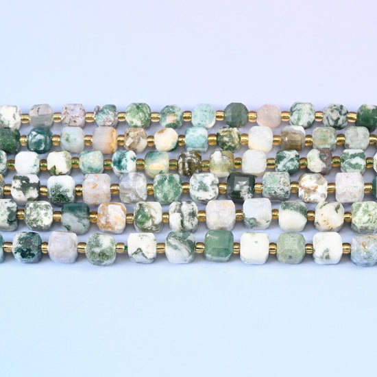Tree Agate Faceted Cube Beads in milky white with green dendritic branching