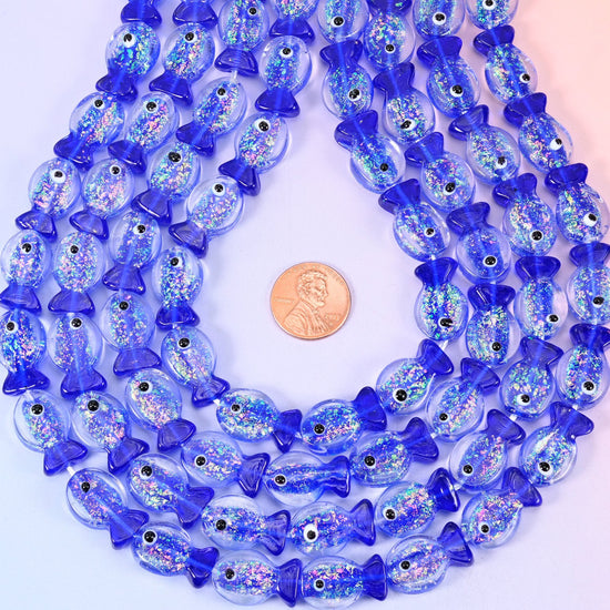 Iridescent Dark Blue Fish Glass Beads, hole 1.2mm
