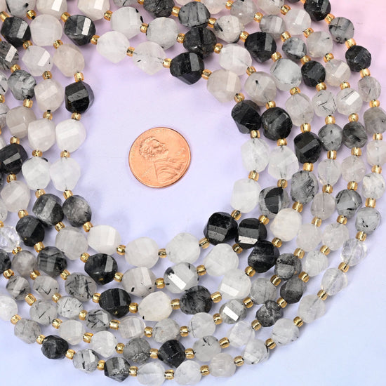 Black Rutilated Quartz Faceted Spiral Twist Beads 8mm 10mm, 8mm approximately 38 beads / 10mm approximately 31 beads
