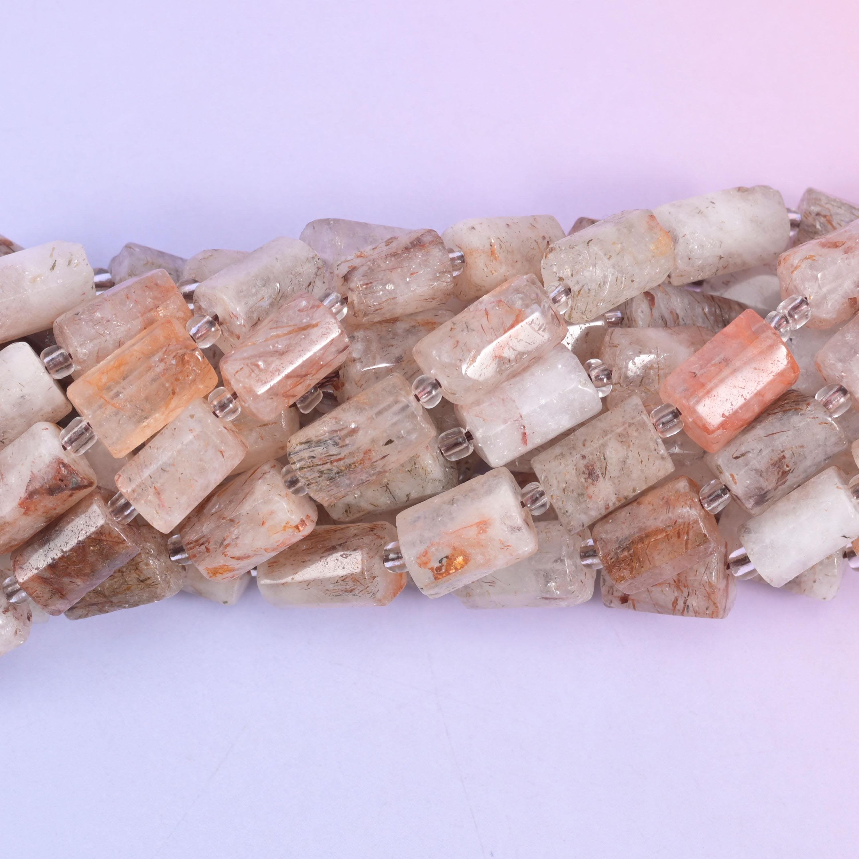 Faceted tube cut Red Copper Rutilated Quartz beads with a sleek, elegant profile