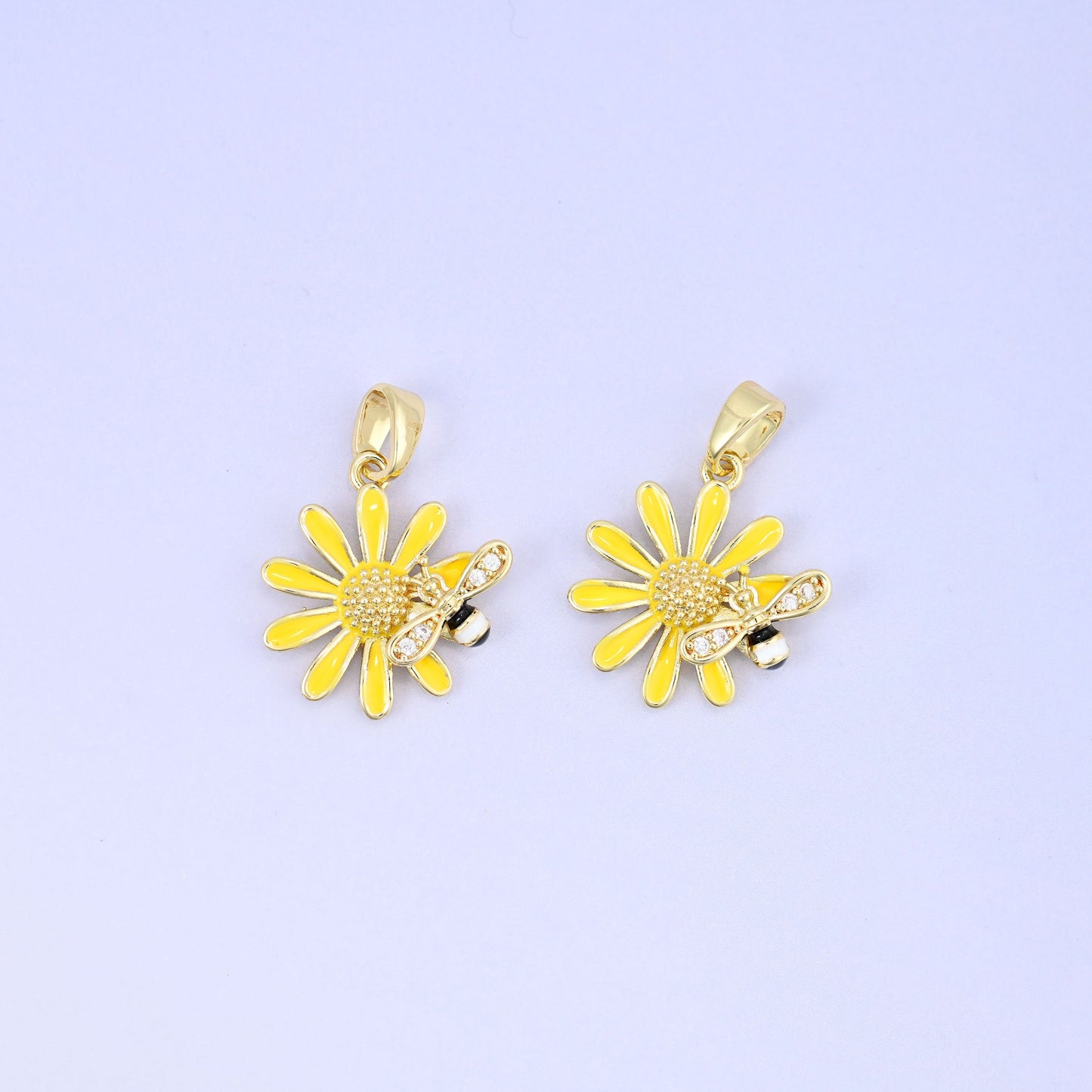 Sunflower Bee Charm Pendant in gold, yellow, white and black