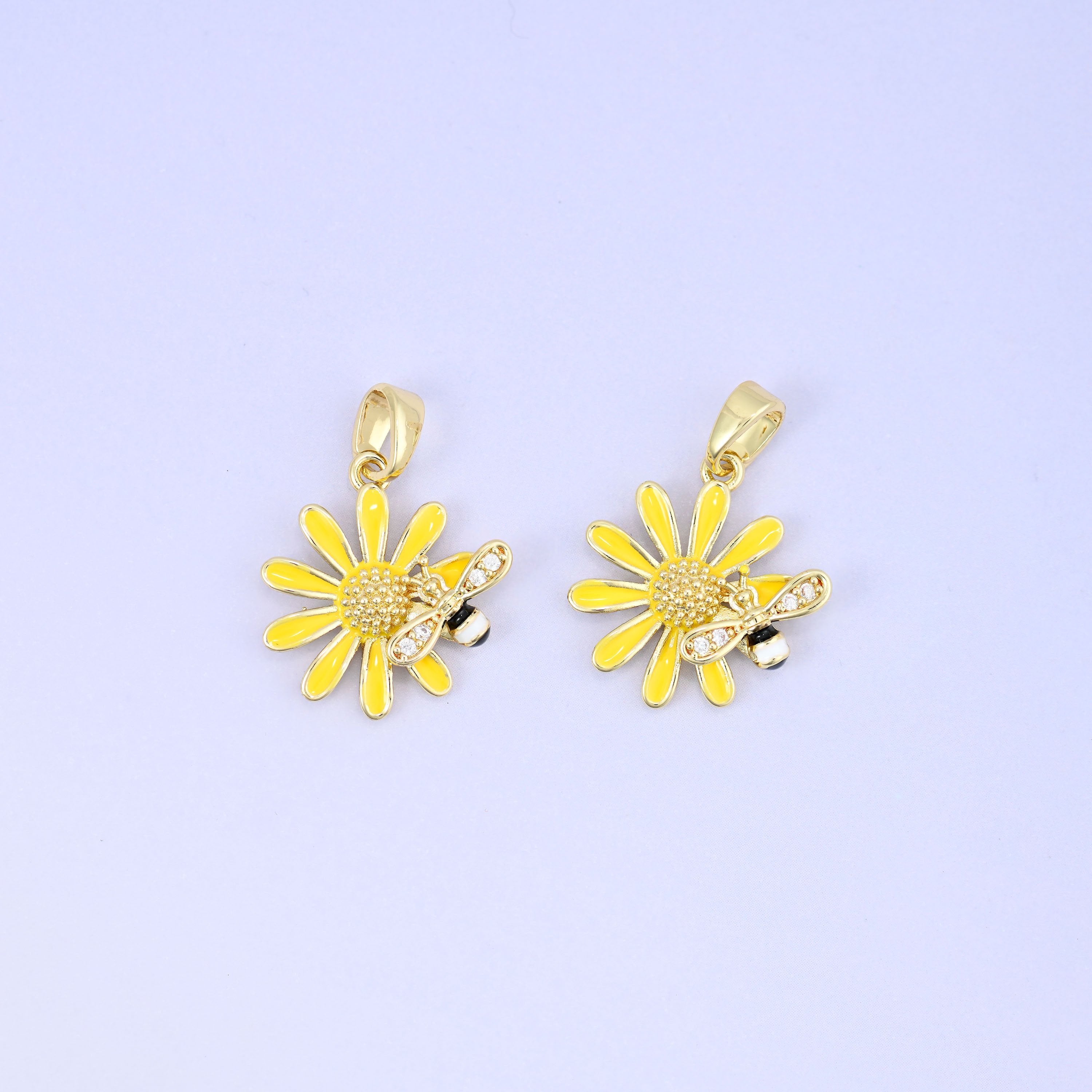 Sunflower Bee Charm Pendant in gold, yellow, white and black