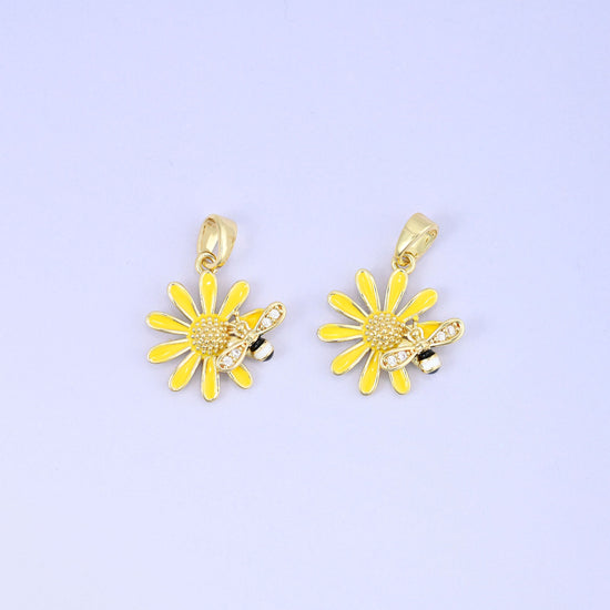 Sunflower Bee Charm Pendant in gold, yellow, white and black