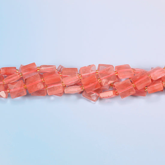 Strands of melon quartz faceted flat square beads twisted together in a horizontal row