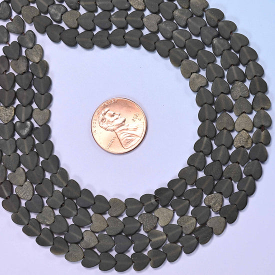 Matte Gold Obsidian Flat Heart Beads, approximately 68 beads per strand