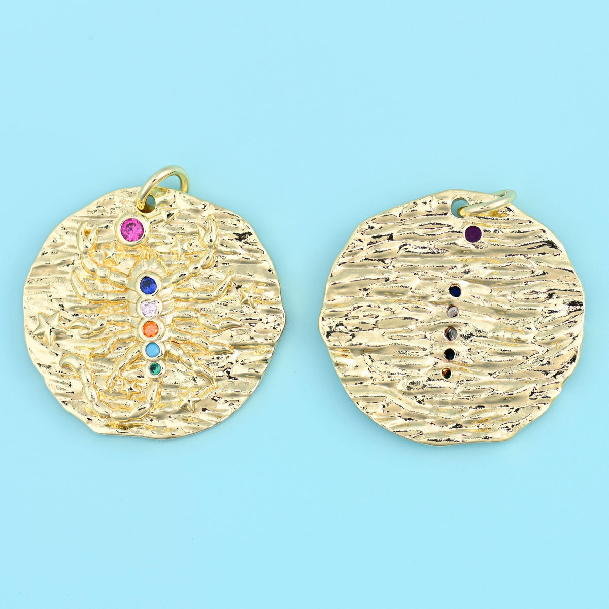 18K gold plated zodiac pendant with a vertical line of coloured zirconia, front and back