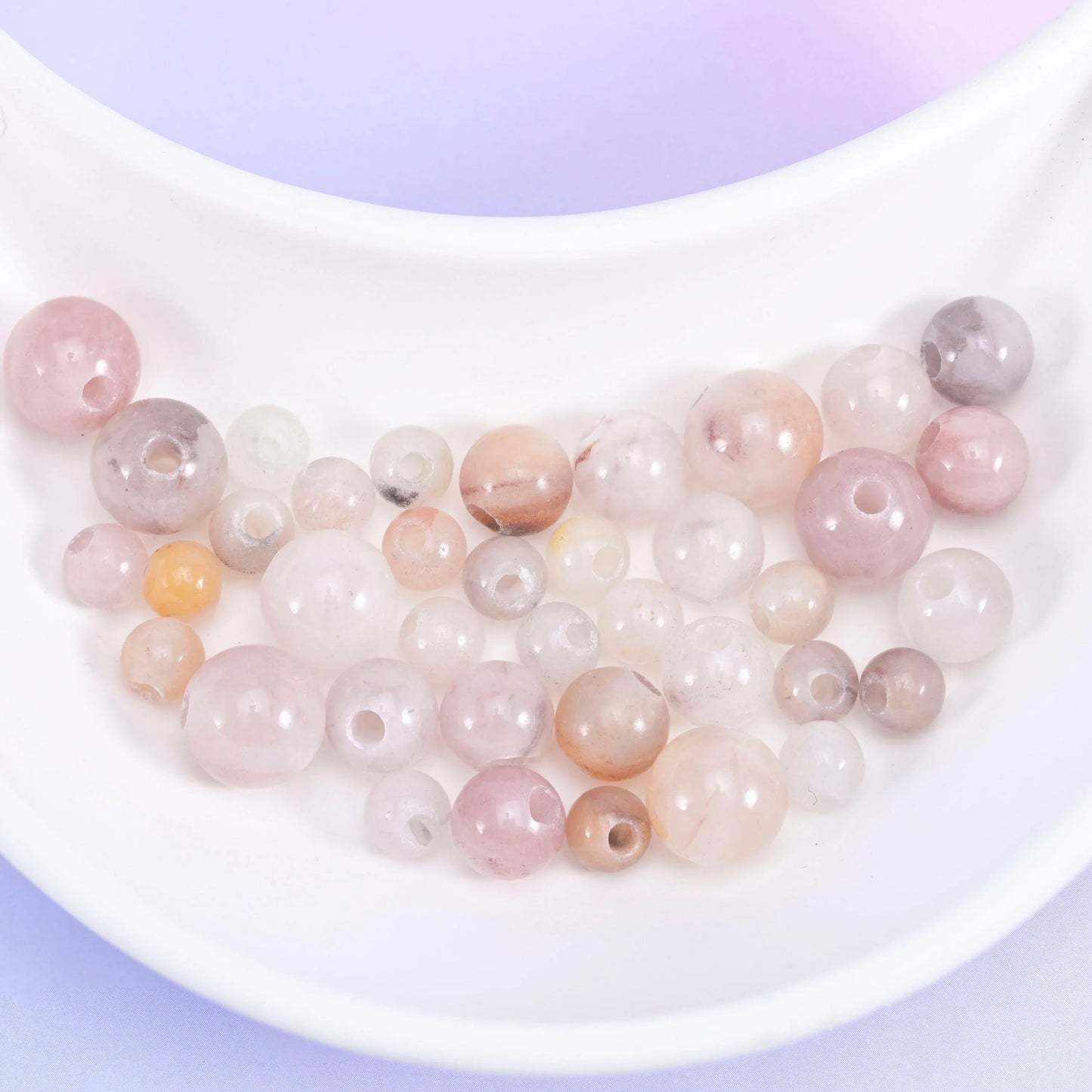 Lavender Quartz Large Hole Round Beads 6mm 8mm 10mm in milky cream, oatmeal, honey-tan and pale grey with a faint mauve cast