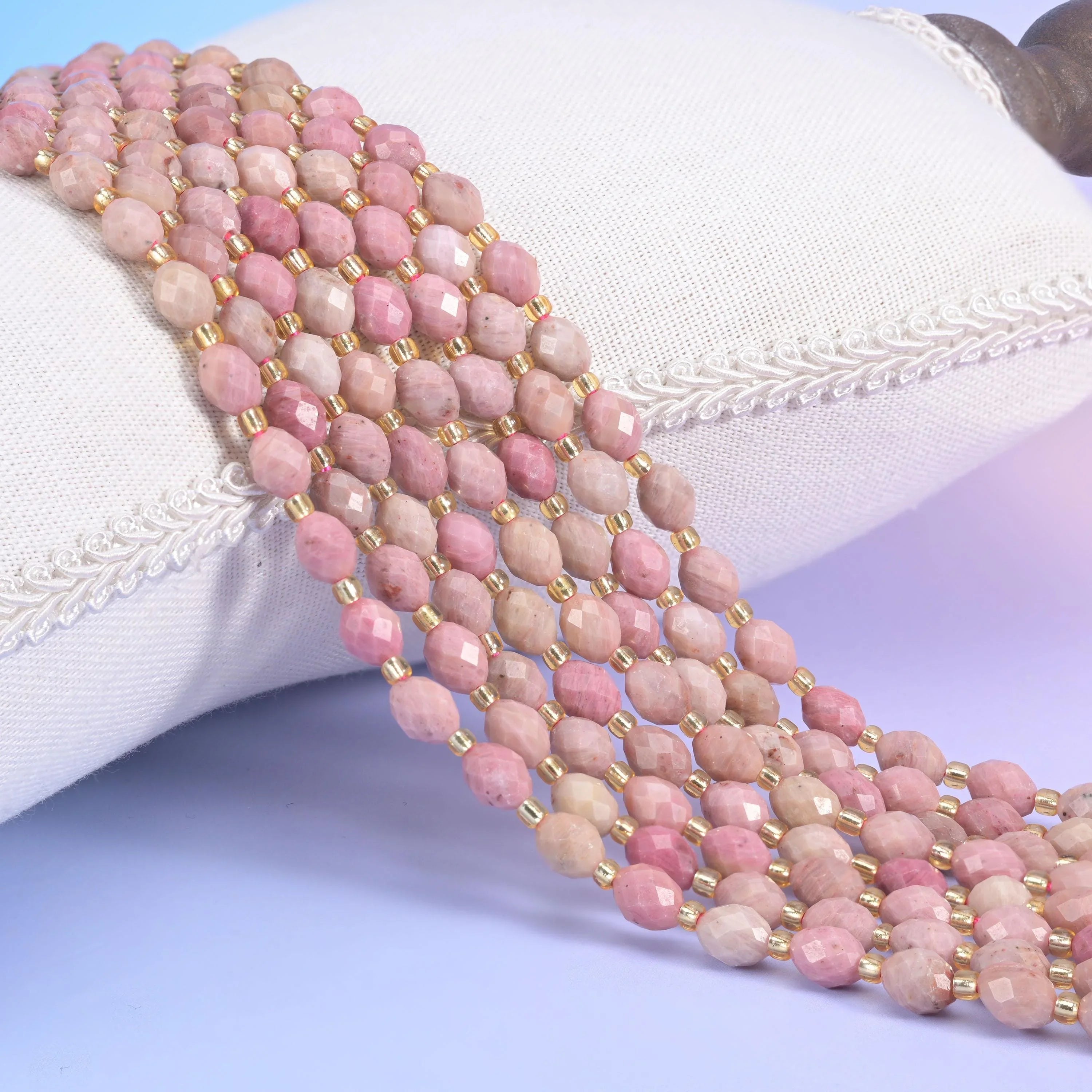 Pink Rhodonite Faceted Rice Barrel Beads