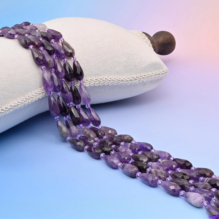 Natural Amethyst faceted teardrop beads, elongated purple from pale lilac to deep grape