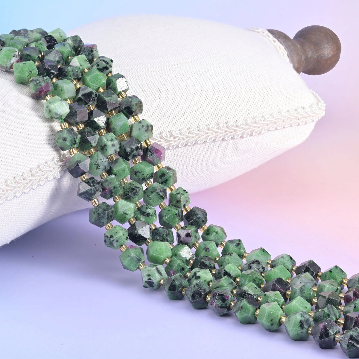 Diamond Rhombus Gemstone Beads, stone choices include Dyed Rose Jade and Ruby Zoisite.