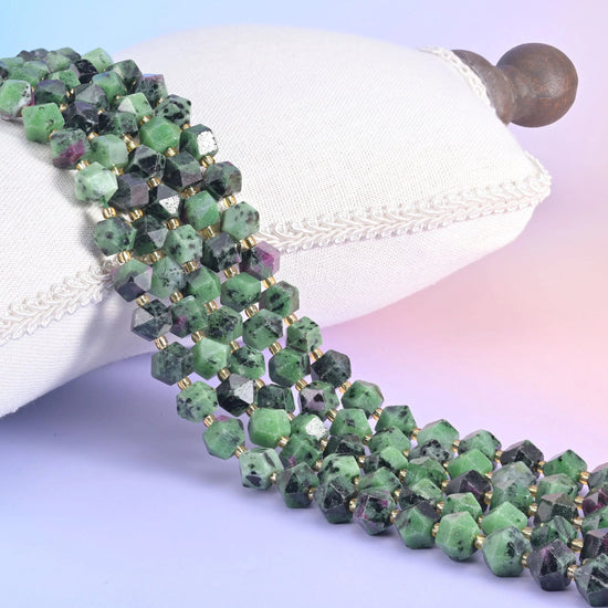 Diamond Rhombus Gemstone Beads, stone choices include Dyed Rose Jade and Ruby Zoisite.