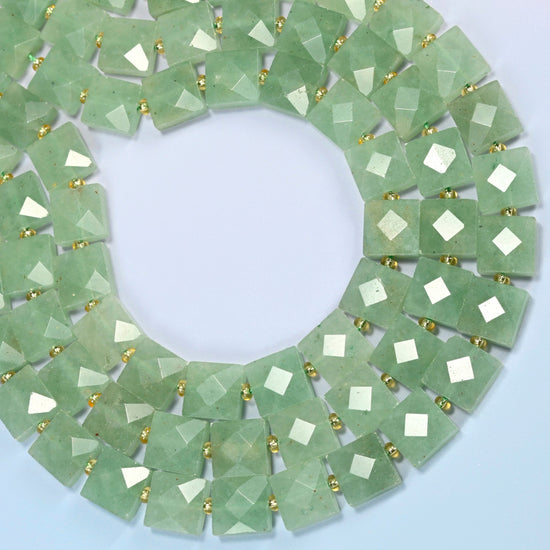 Natural green aventurine faceted flat square beads curved into an open loop, light green and soft sage beads