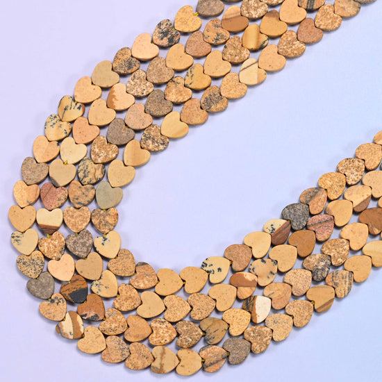 Matte picture jasper flat heart beads, 15 inch strand