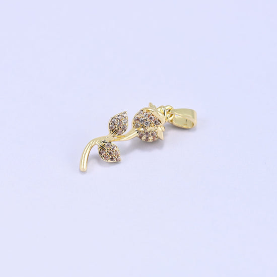 Rose Flower Charm Pendant in warm gold with clear zircon pave