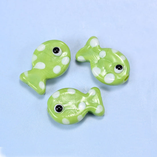 Lime Green with White Dot Fish Glass Beads: Jewelry Making Supply