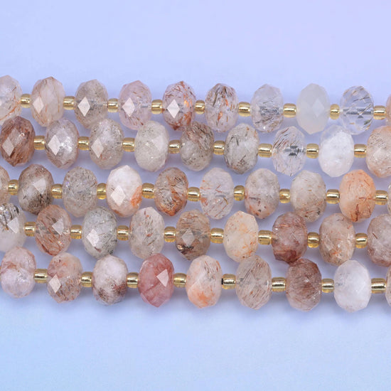 Faceted rondelle cut red copper rutilated quartz beads