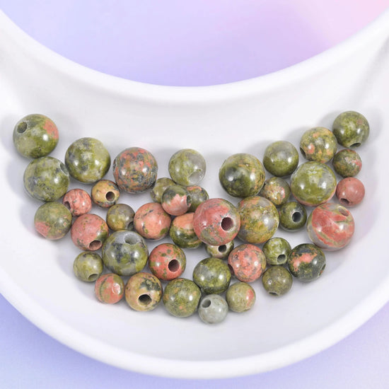 Unakite Large Hole Round Beads 6mm 8mm 10mm in olive and moss green with salmon-pink and dark grey flecking