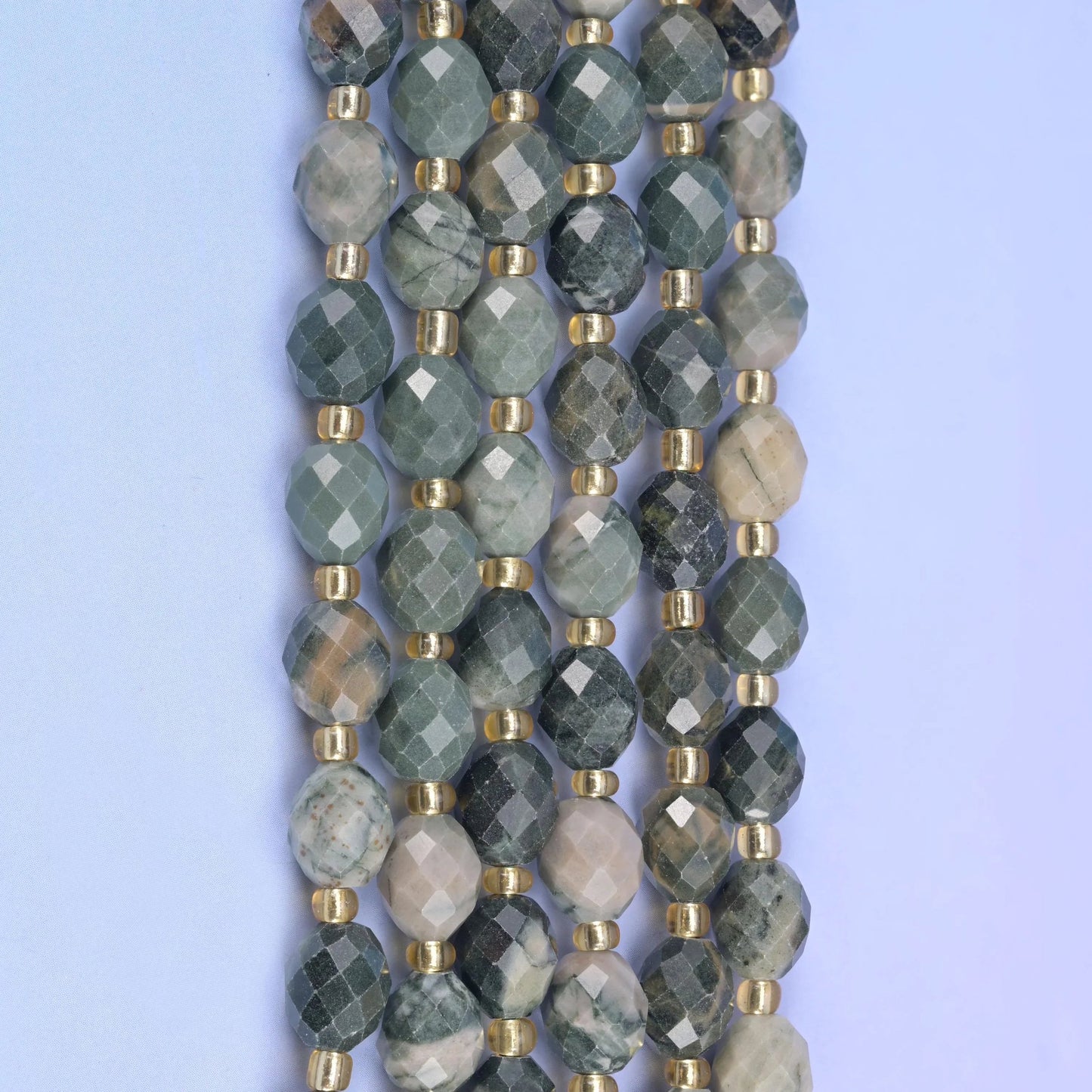 Green Rhodonite Faceted Rice Barrel Beads, 15.5 inch strand