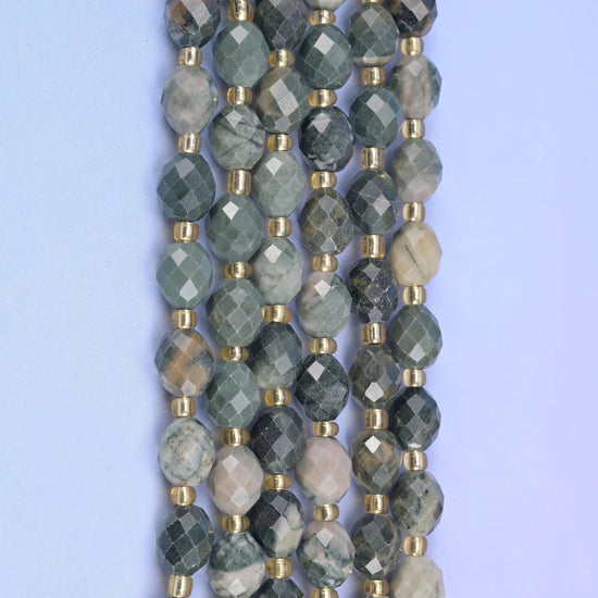 Green Rhodonite Faceted Rice Barrel Beads, 15.5 inch strand