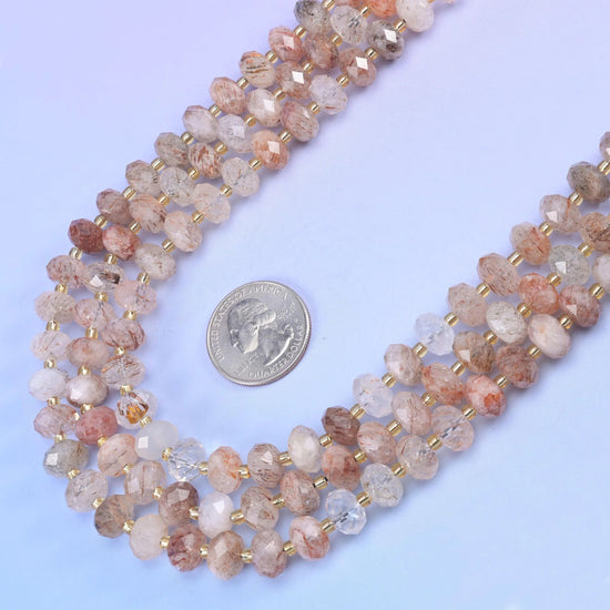 Red Copper Rutilated Quartz Faceted Rondelle Beads in milky white and copper-rose