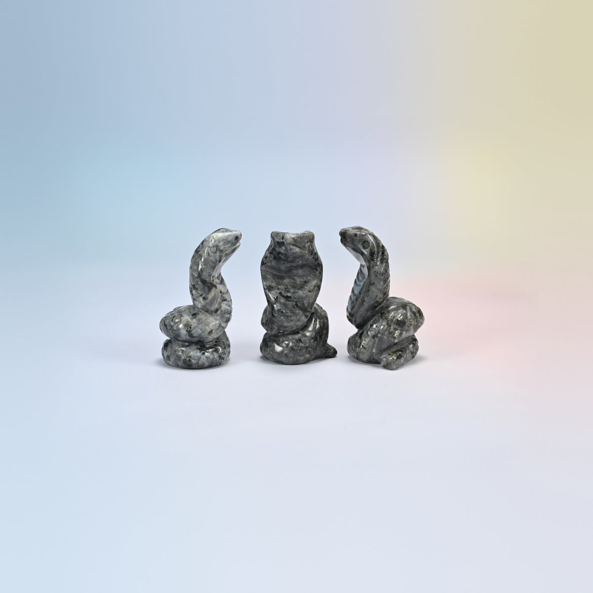 Black labradorite cobra snake crystal carvings, dark gray natural stone with a blue flash