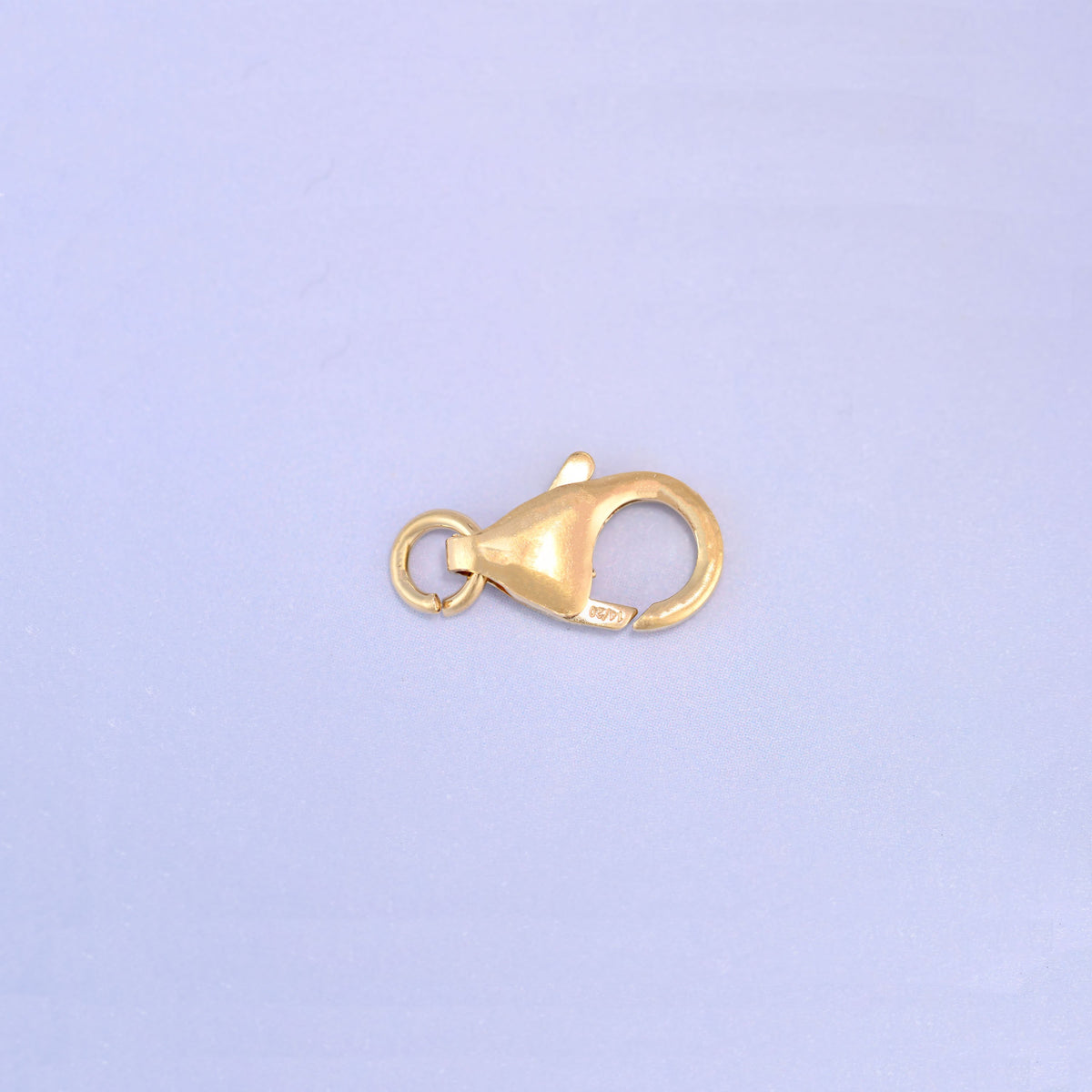 14K gold filled lobster clasp, 6x10mm, mirrored angle with the jump ring at the left and the stamped tab visible