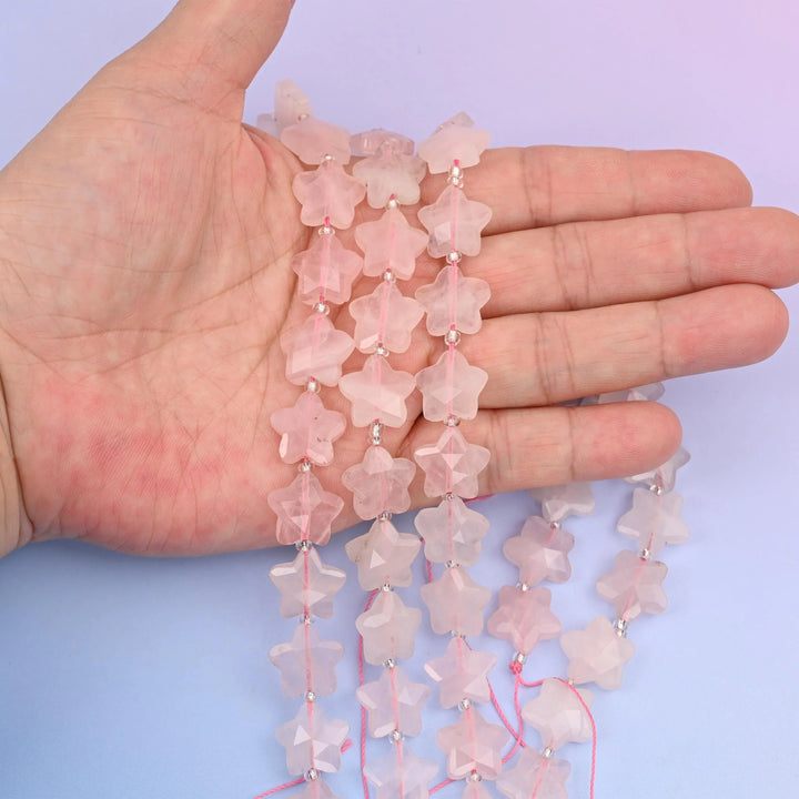 Rose Quartz star beads, faceted, 5-pointed, 14mm.