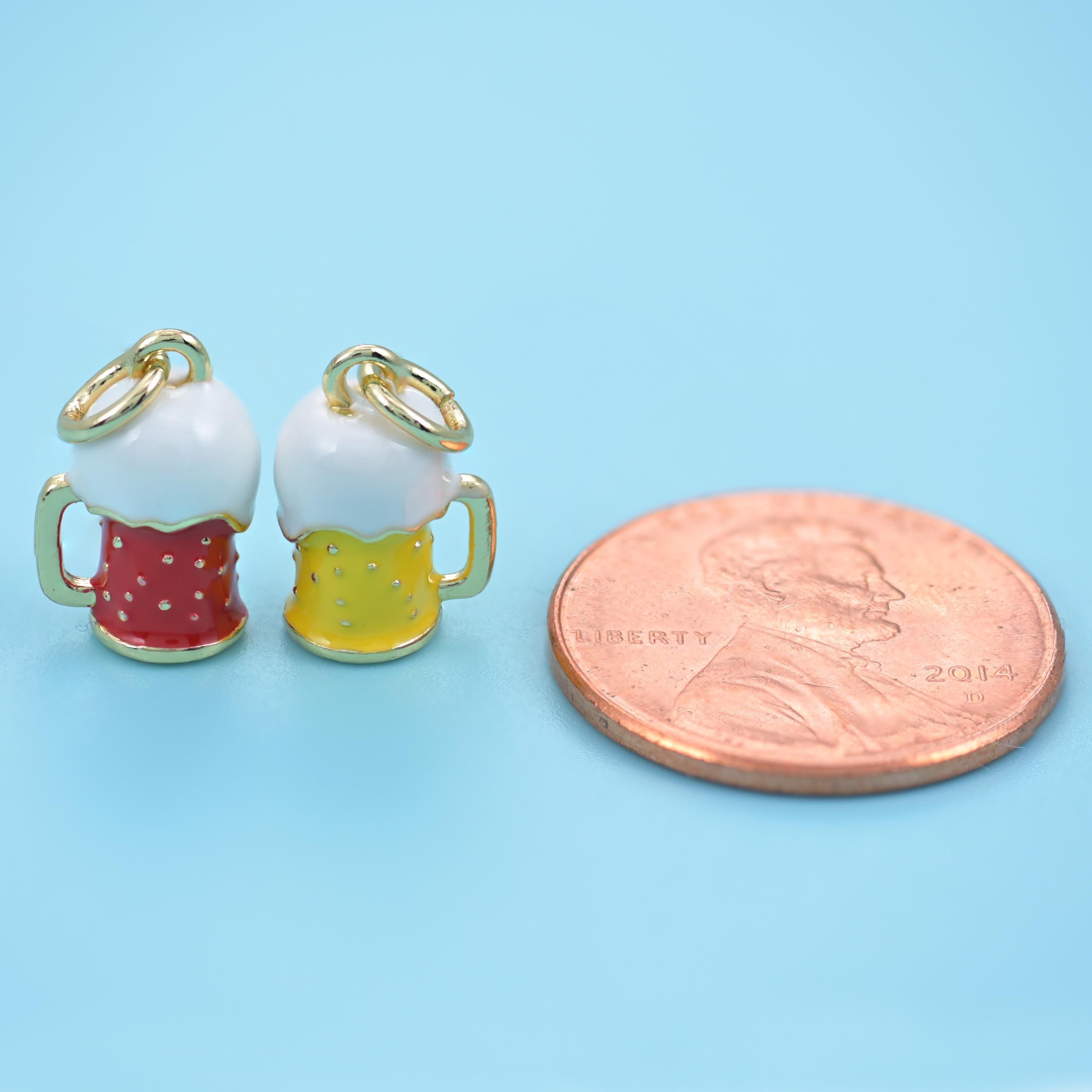 Beer mug shaped brass charm, 18K gold filled with coloured enamel