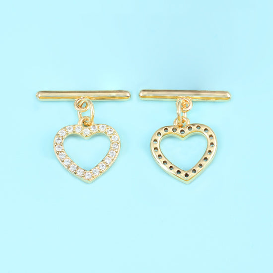 18K Gold Filled Heart Zircon Toggle Clasp, sold as a set of one heart ring and one bar