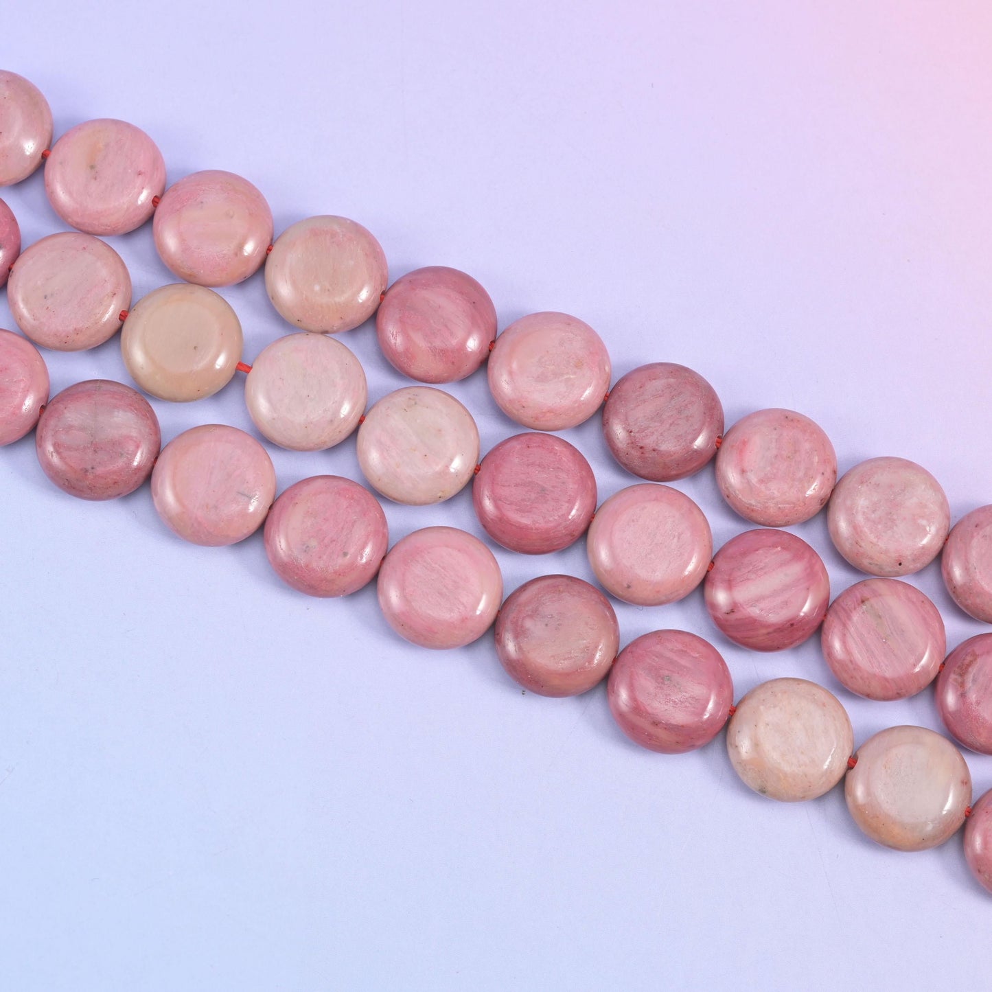 Pink Rhodonite coin beads in dusty rose to cream tones