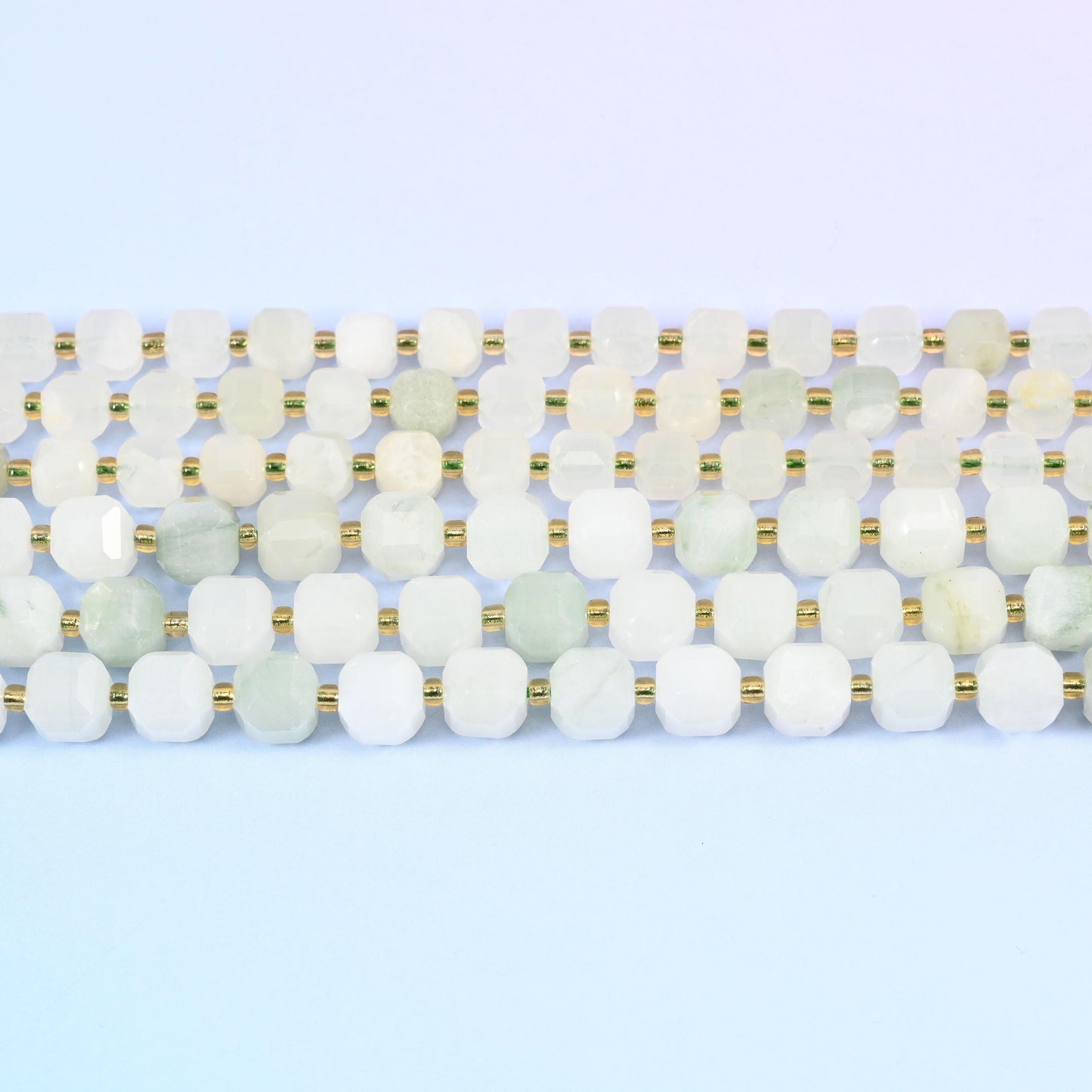 Tianshan Jade Faceted Cube Beads in milky white to soft celadon and pale mint