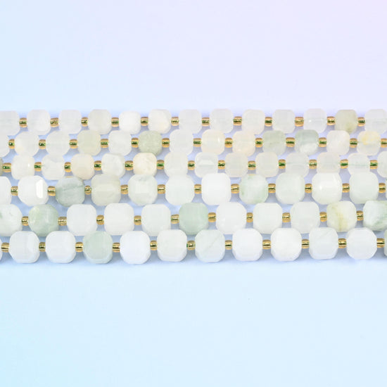 Tianshan Jade Faceted Cube Beads in milky white to soft celadon and pale mint