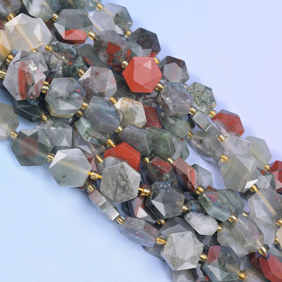 Diagonal strands of faceted Bloodstone showing red and grey-green patches