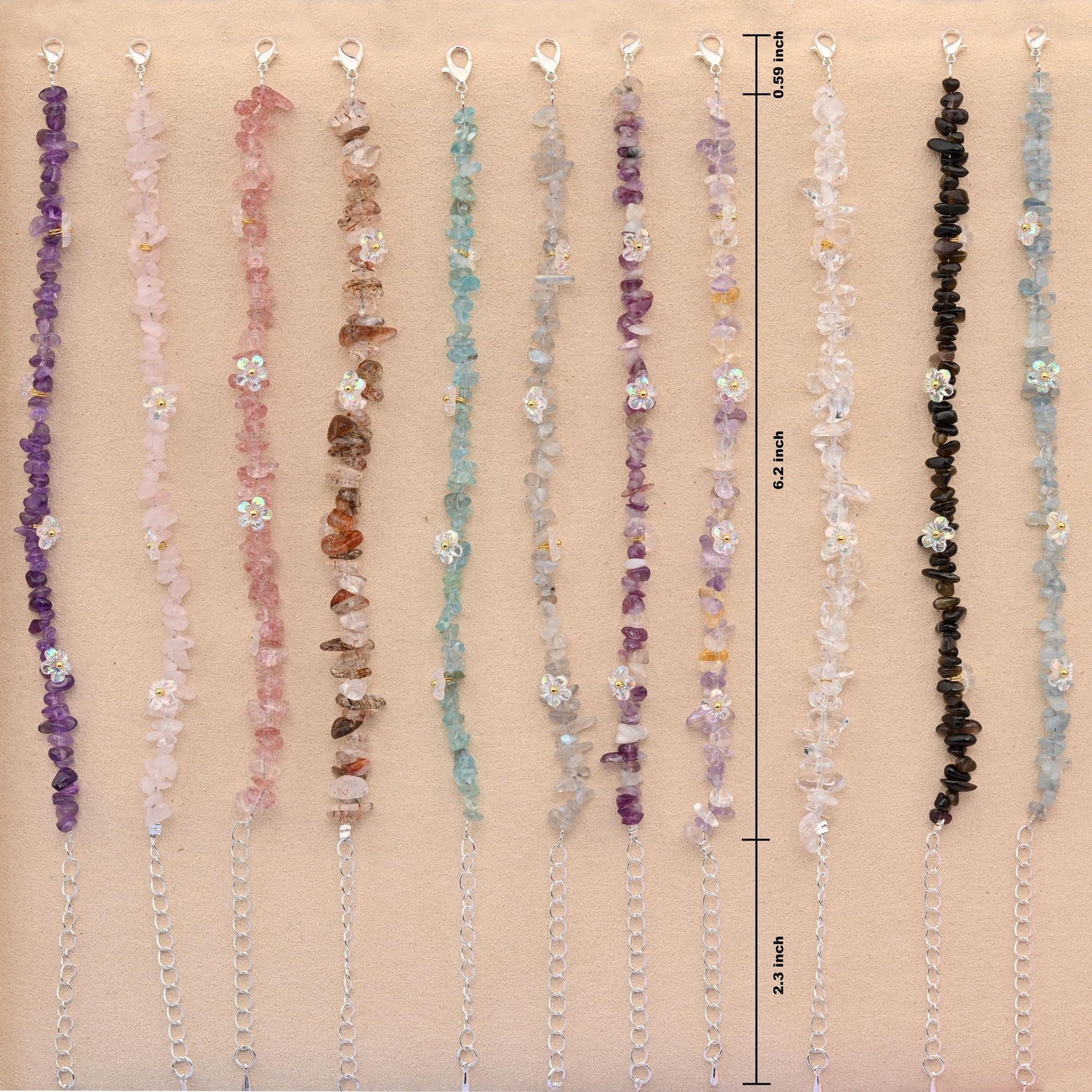 Gemstone chip bracelet with flower beads and silver plated lobster clasp
