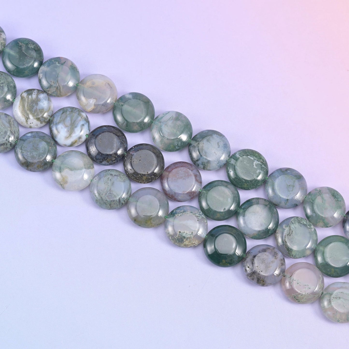 Moss Agate coin beads in white, sage, and forest green mossy patterning