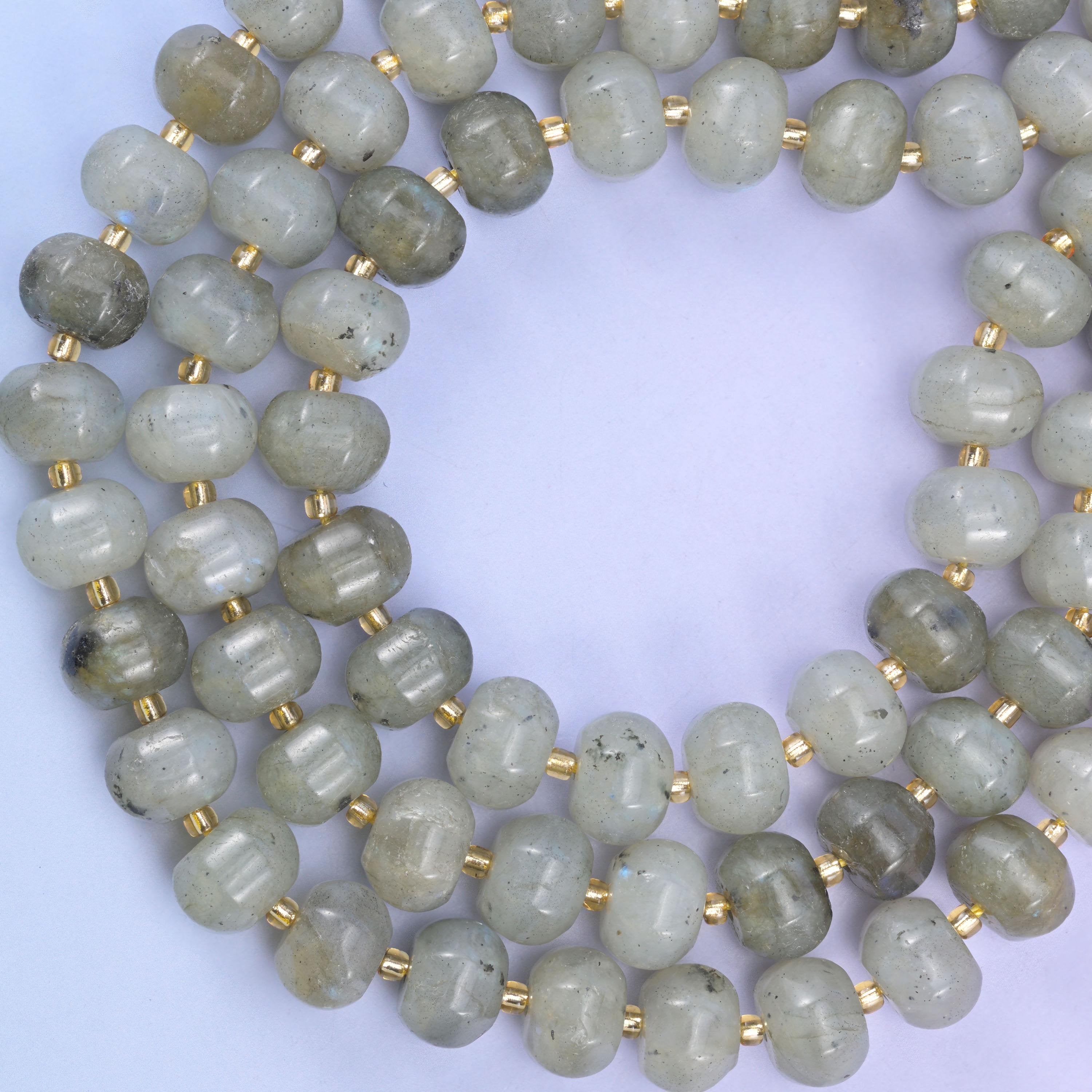 Gray labradorite pumpkin beads, approximately 35 beads per strand