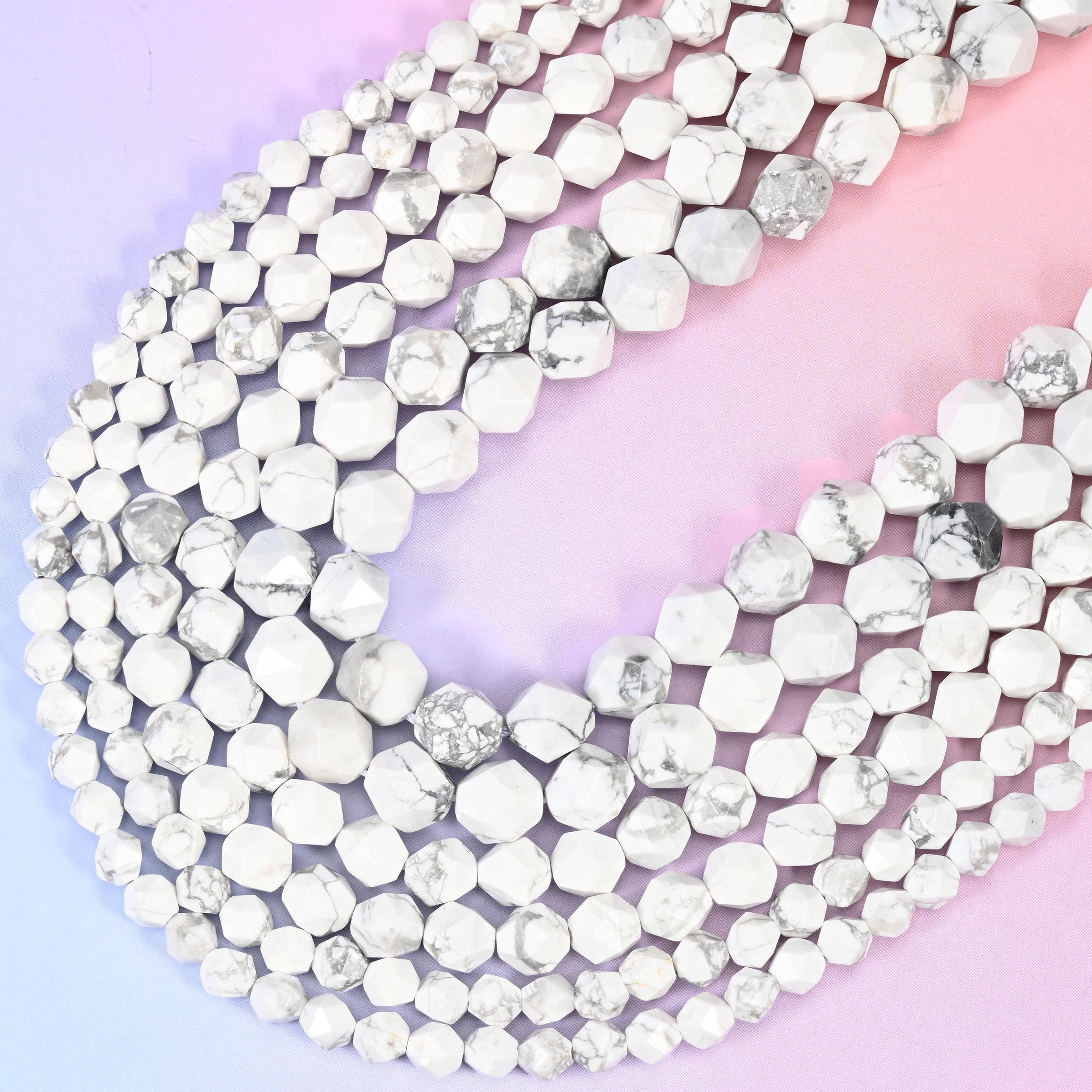 White Howlite Faceted Diamond Star Cut Beads, 15.5 inch strand