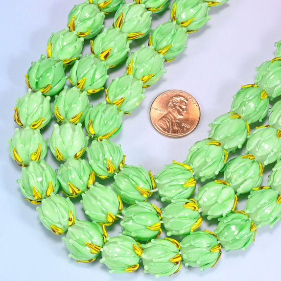 Green tulip flower bud lampwork glass beads, hole 1.2mm to 1.8mm