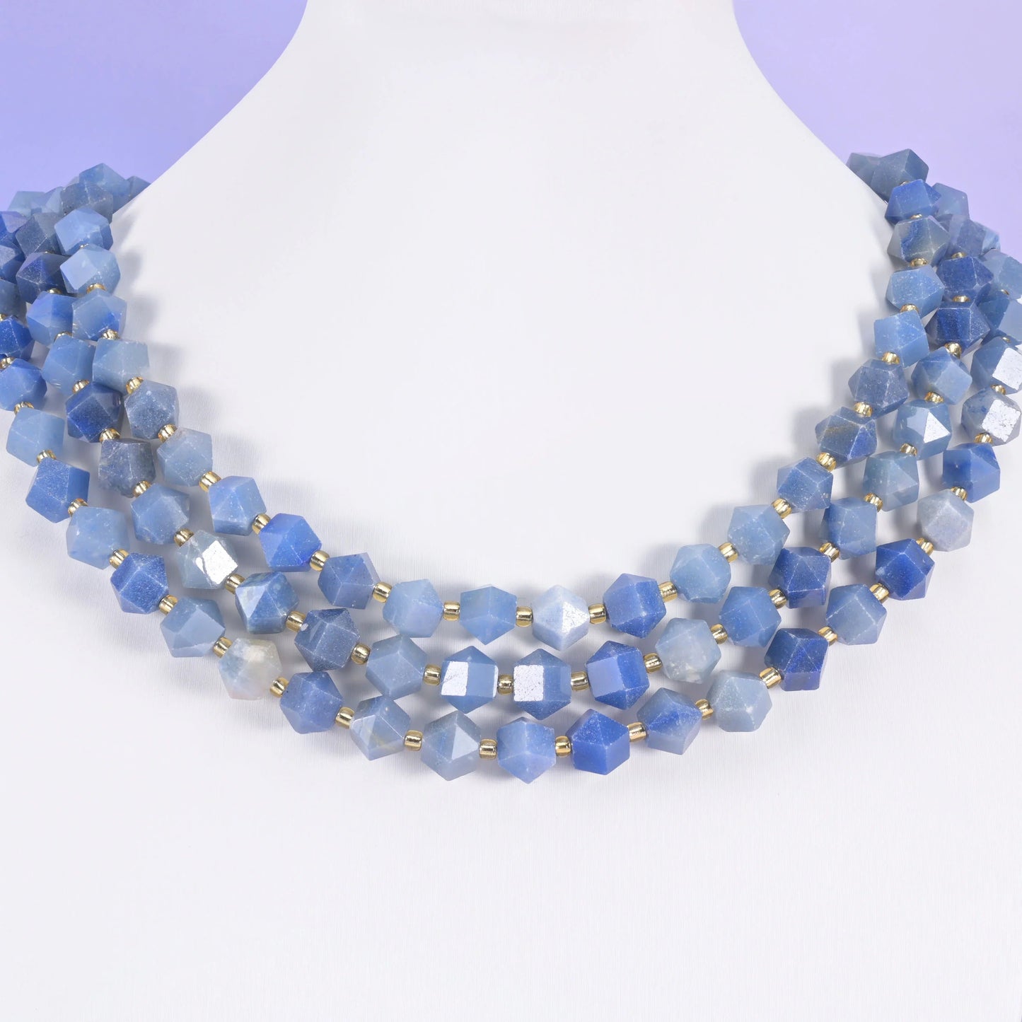 Faceted diamond cut beads, denim blue and glowing orange among the colourways offered.