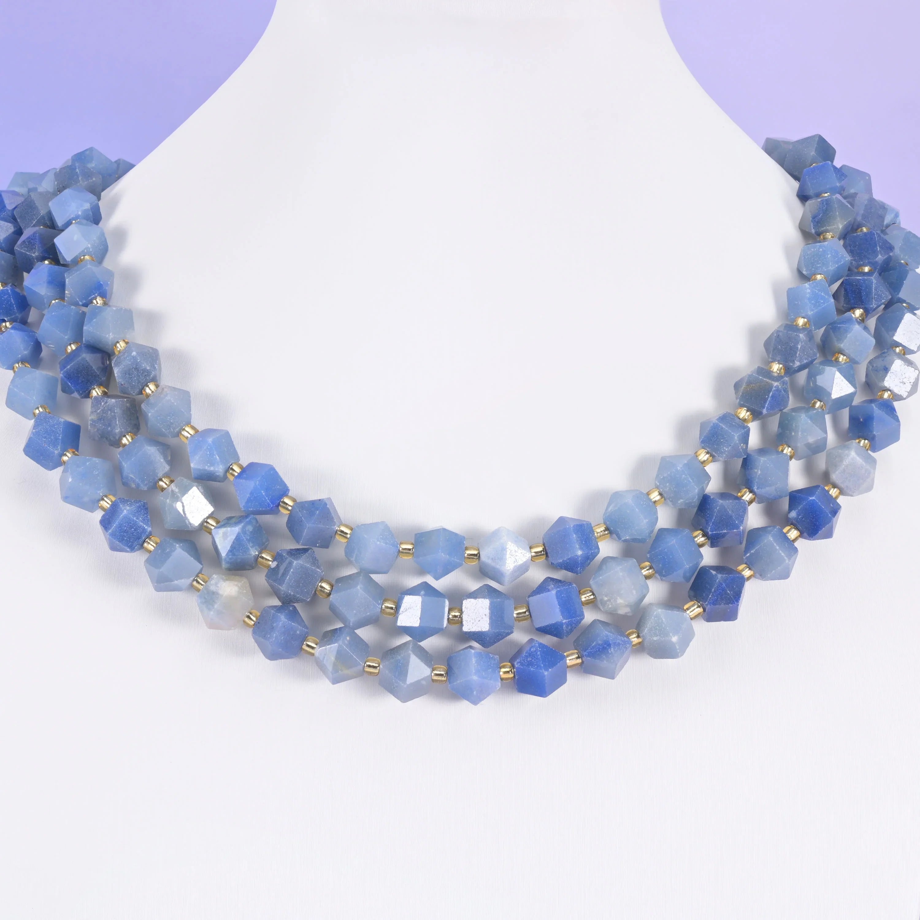 Faceted diamond cut beads, denim blue and glowing orange among the colourways offered.