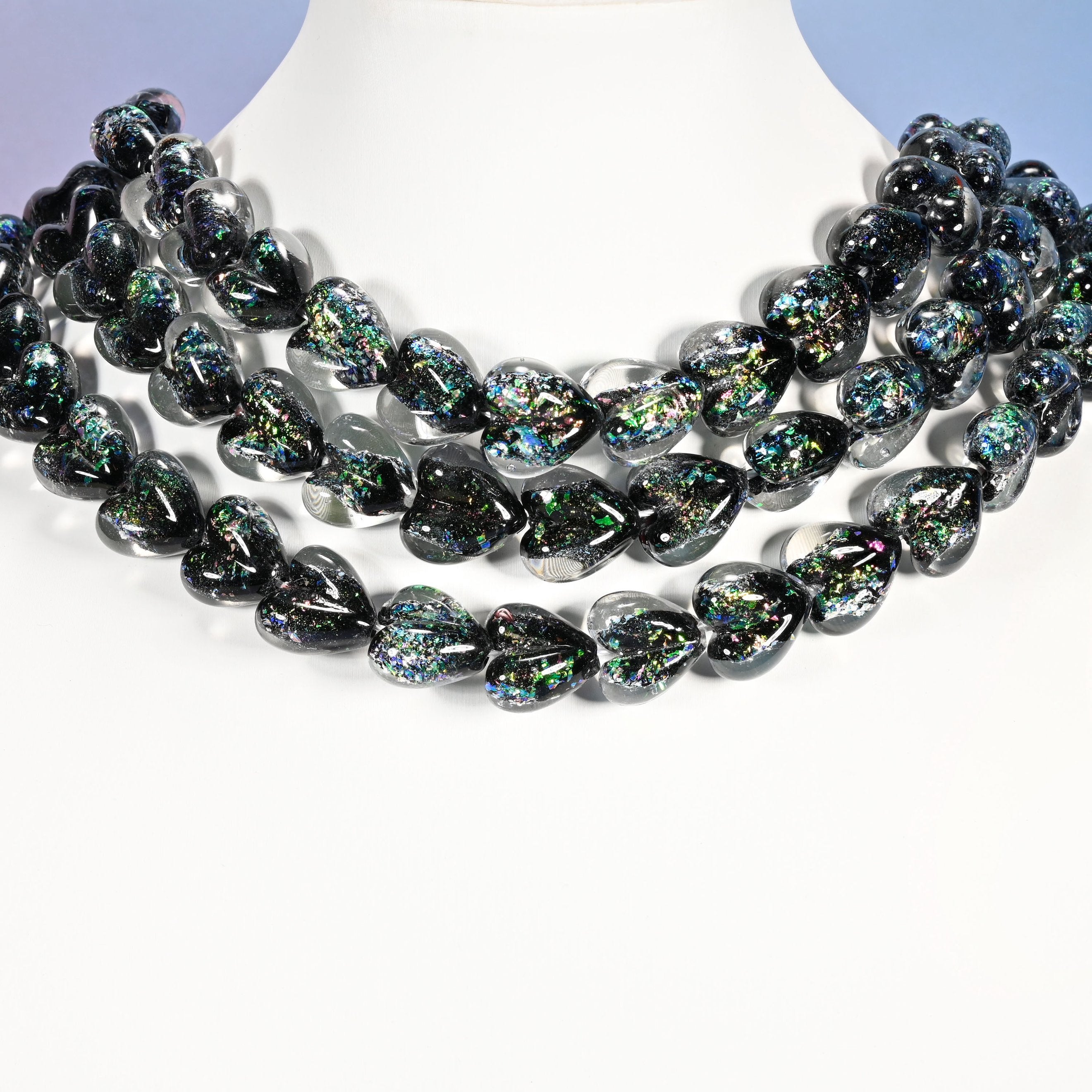 Black green iridescent glass heart beads, 16x15mm