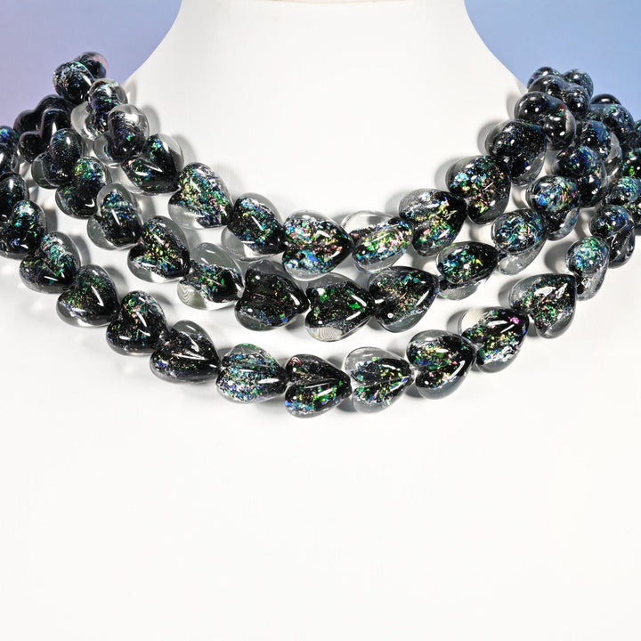 Black green iridescent glass heart beads, 16x15mm