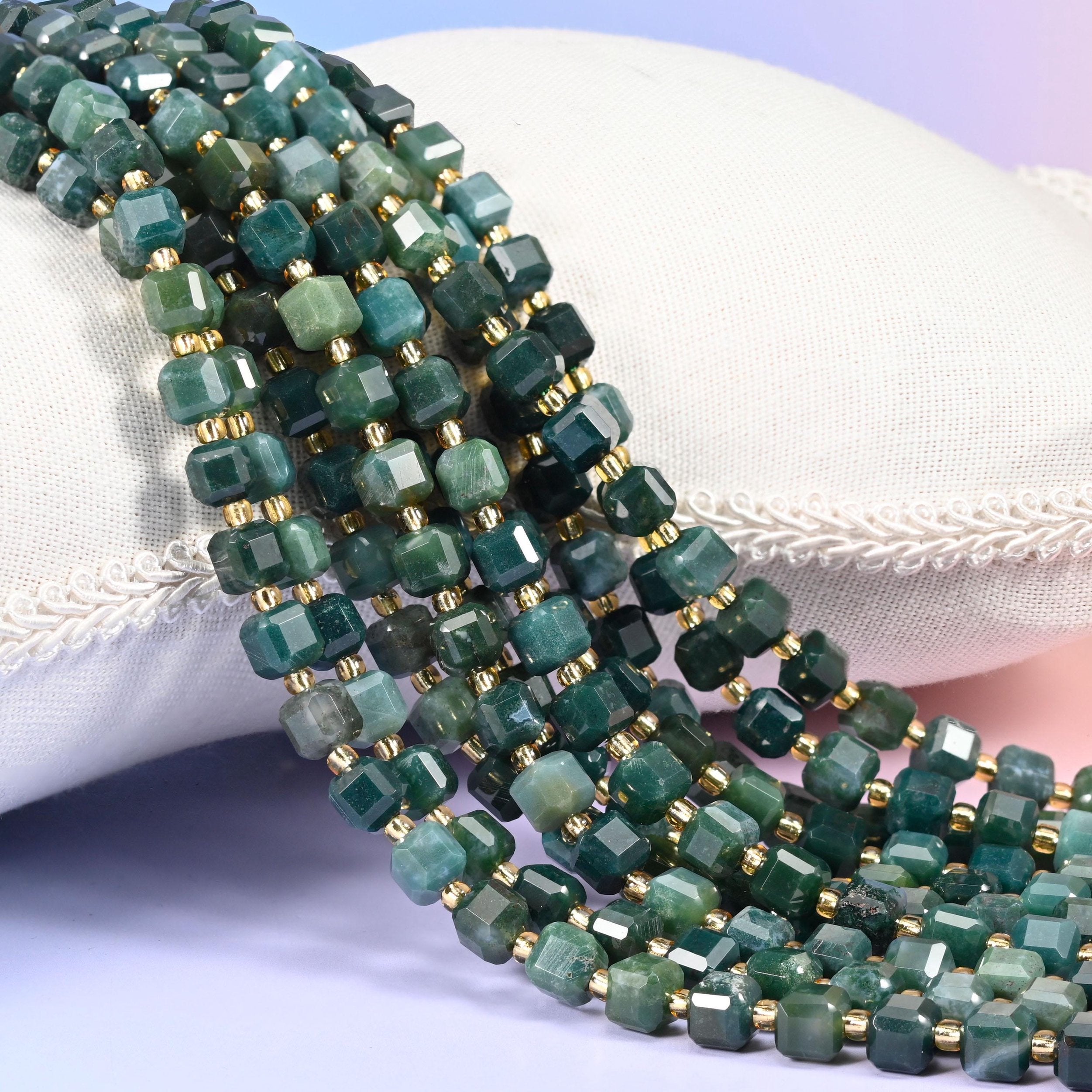 Moss Agate Faceted Cube Beads, translucent sea green with dark forest moss drifting through
