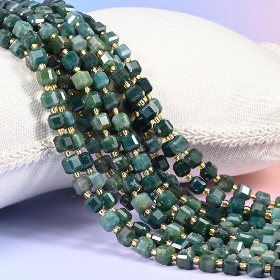 Moss Agate Faceted Cube Beads, translucent sea green with dark forest moss drifting through